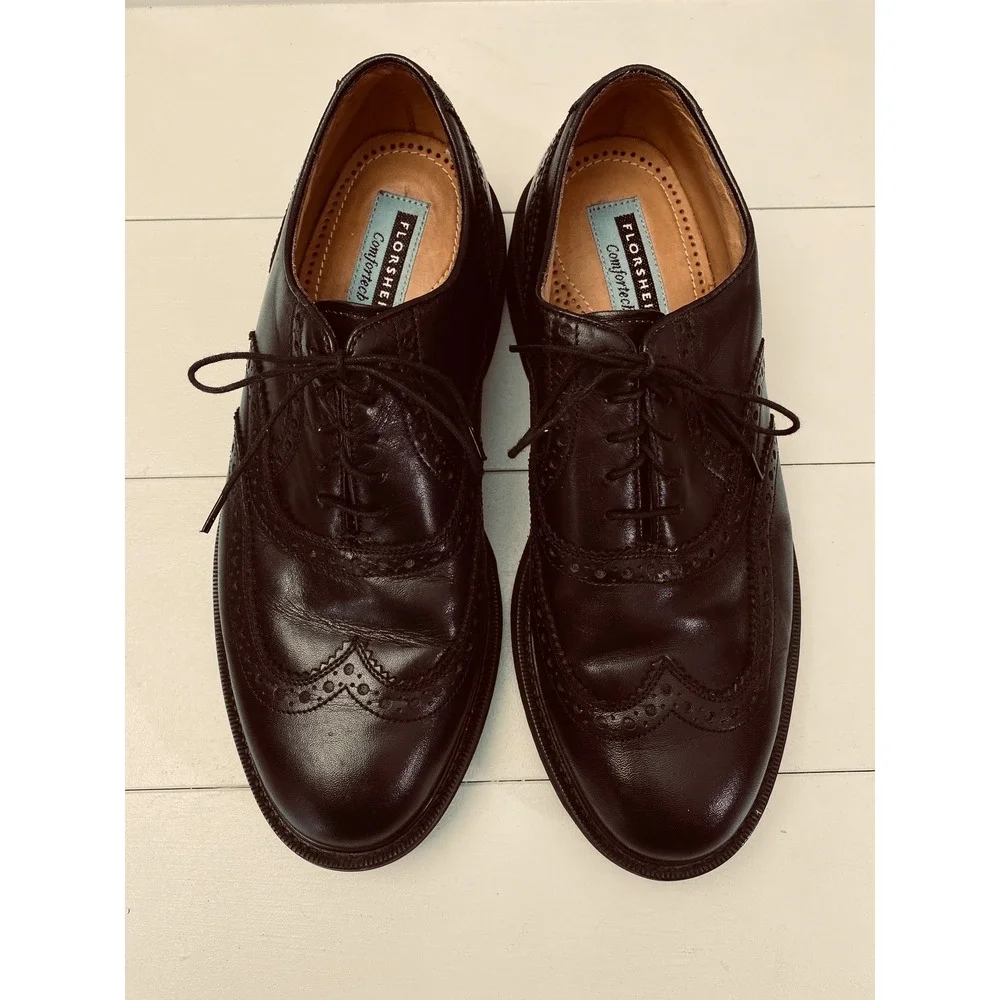 Florsheim Comfortech Wingtip Oxfords Shoes Mens 8 3E‎ Black Leather Vibram 20393